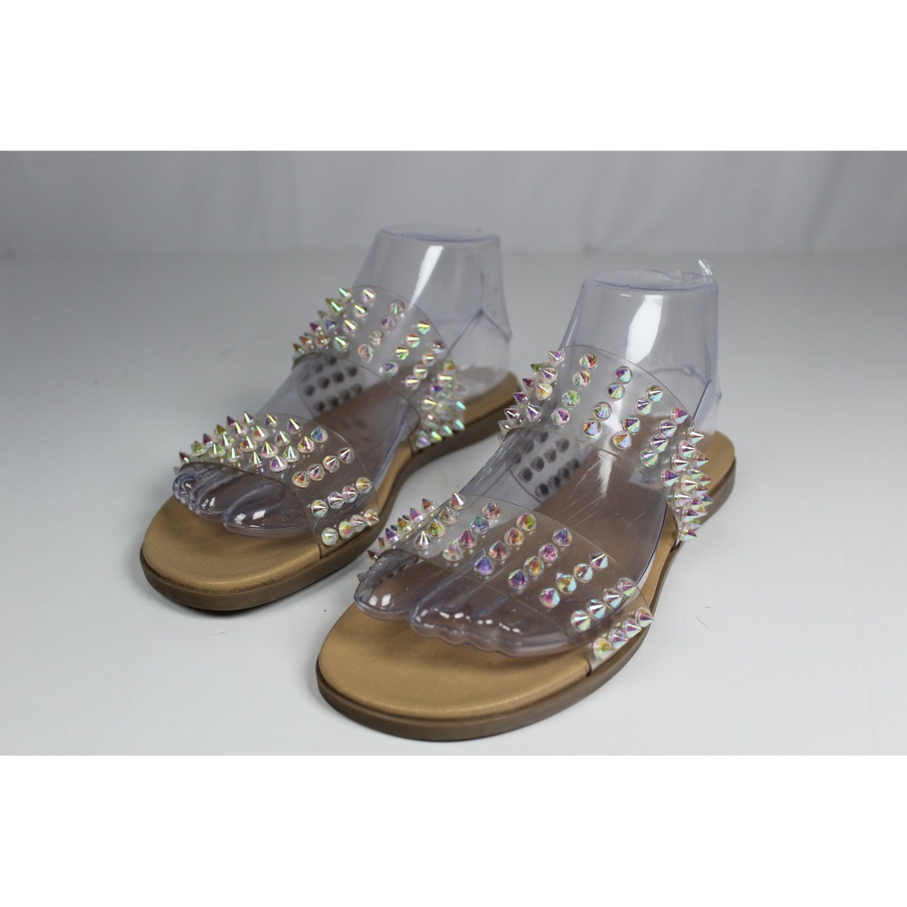 Steve Madden Iridescent Studded Clear Strap Sandals with Tan Footbed